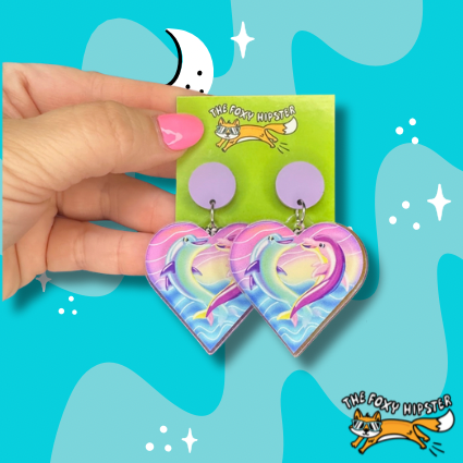 Rainbow Colorful Dolphin Heart Dangle Earrings