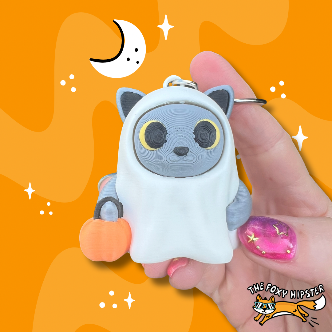 Halloween Kitty Cat Ghost Trick or Treat Fidget Toy Clicker Keychain Bag Charm