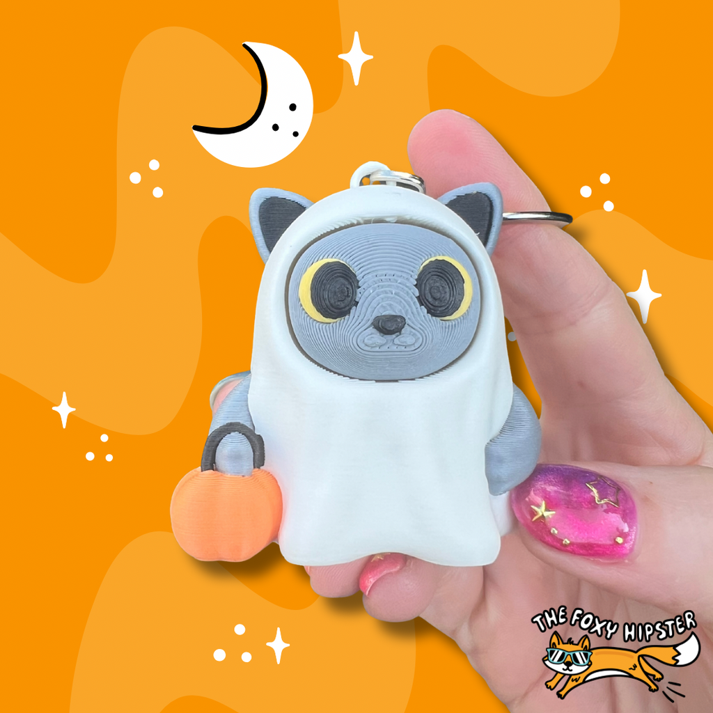 Halloween Kitty Cat Ghost Trick or Treat Fidget Toy Clicker Keychain Bag Charm