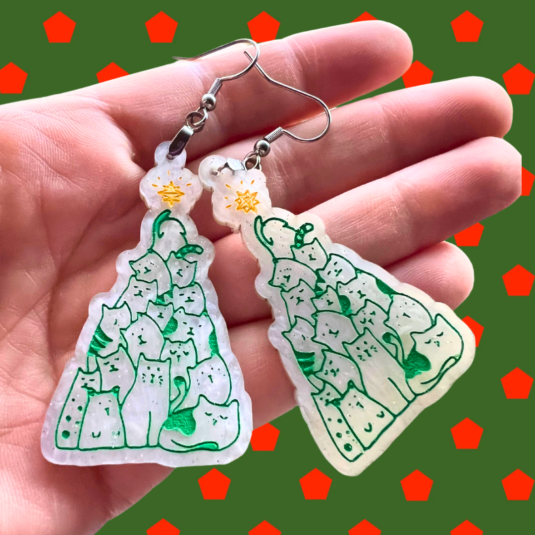 Christmas Cat Tree Dangle Earrings