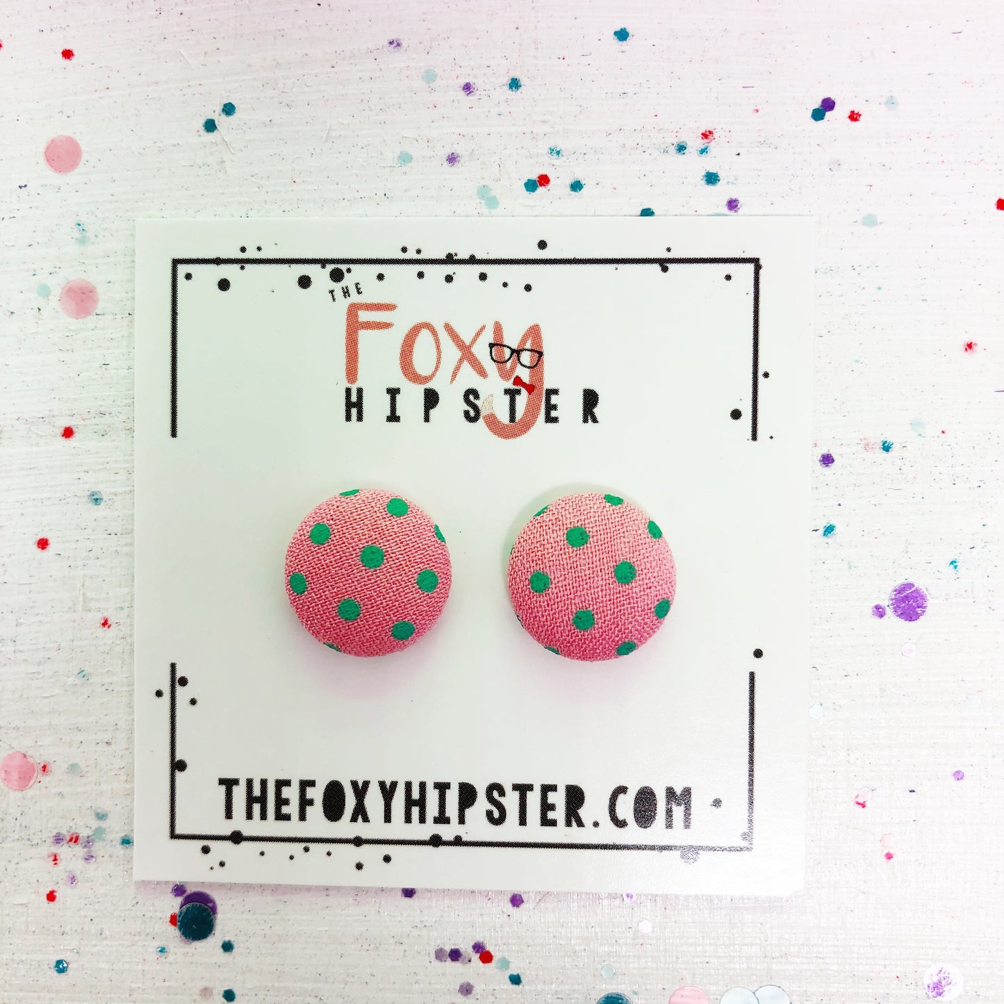 Light Pink with teal polka dots fabric button Stud Earrings
