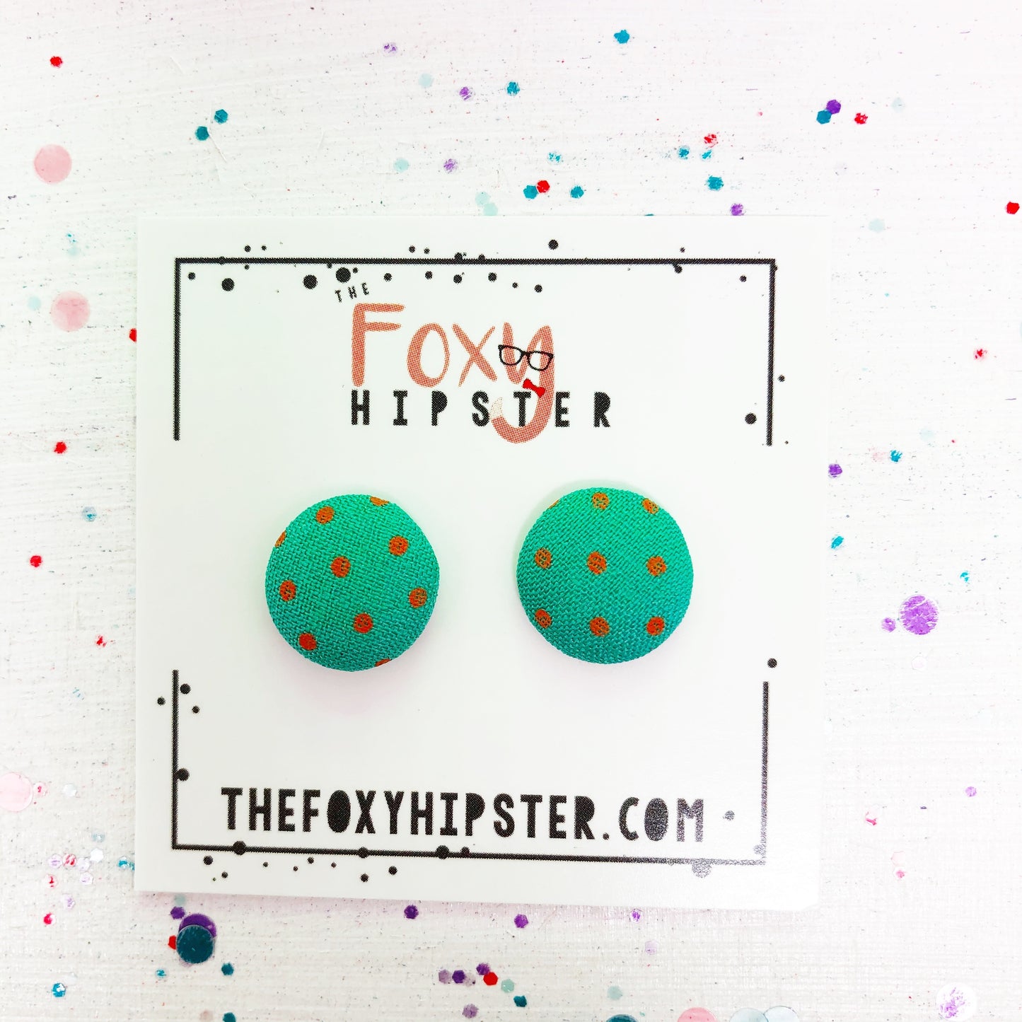 Teal with pink polka dots fabric button Stud Earrings