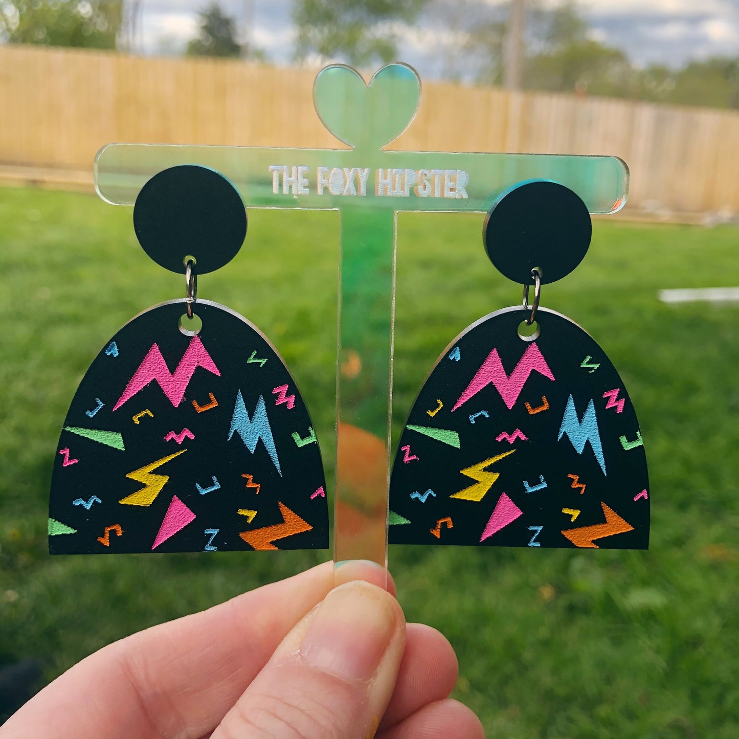 Lisa Turtle Vibes Matte Black and Rainbow Pastel Pattern Dangle Drop Earrings