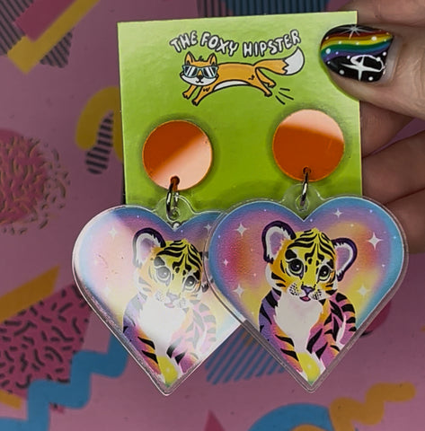 Rainbow Colorful Tiger Heart Dangle Earrings