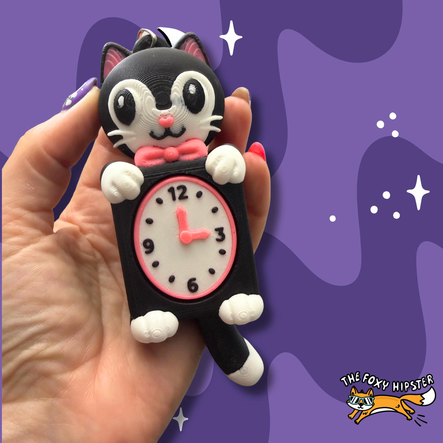Cat Clock Fidget Clicker and Moving Tail Keychain