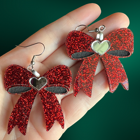 Christmas Red Glitter Bow Dangle Earrings
