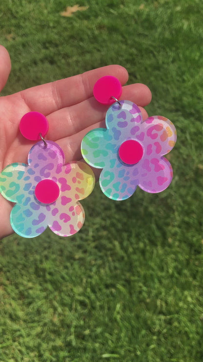 Leopard Rainbow Print Flower Power Dangle Earrings
