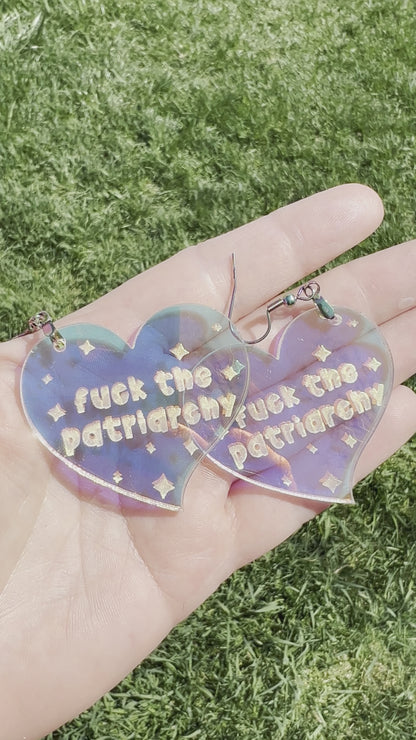 Fuck The Patriarchy Iridescent Fish Hook Dangle Earrings