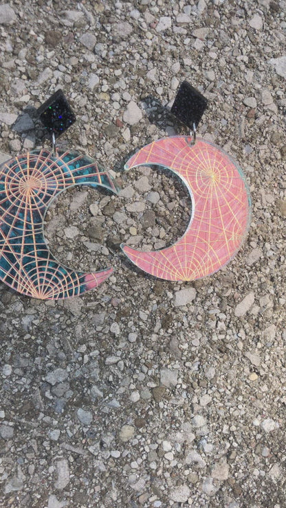 Spiderweb Moon Iridescent Dangle Earrings