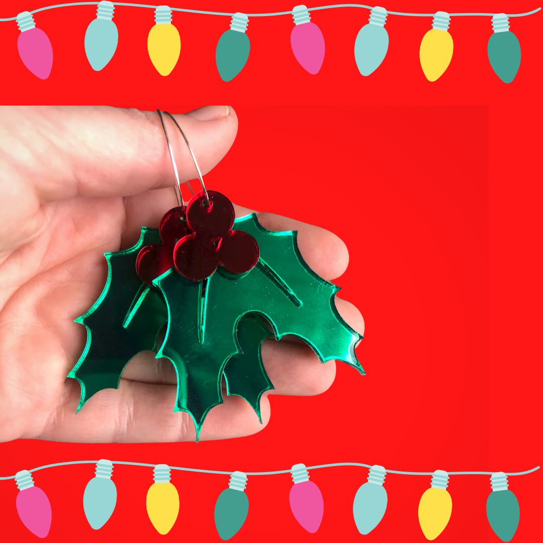 Christmas Holly Hoop Earrings
