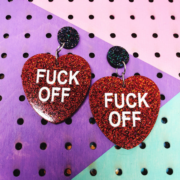 Valentines Day Fuck Off Glitter Heart Conversation Dangle Earrings