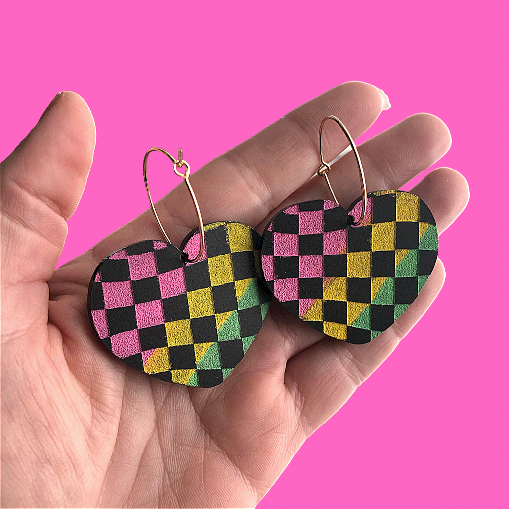 Rainbow Heart Checkered Punk Ska Vibes Hoop Dangle Earrings