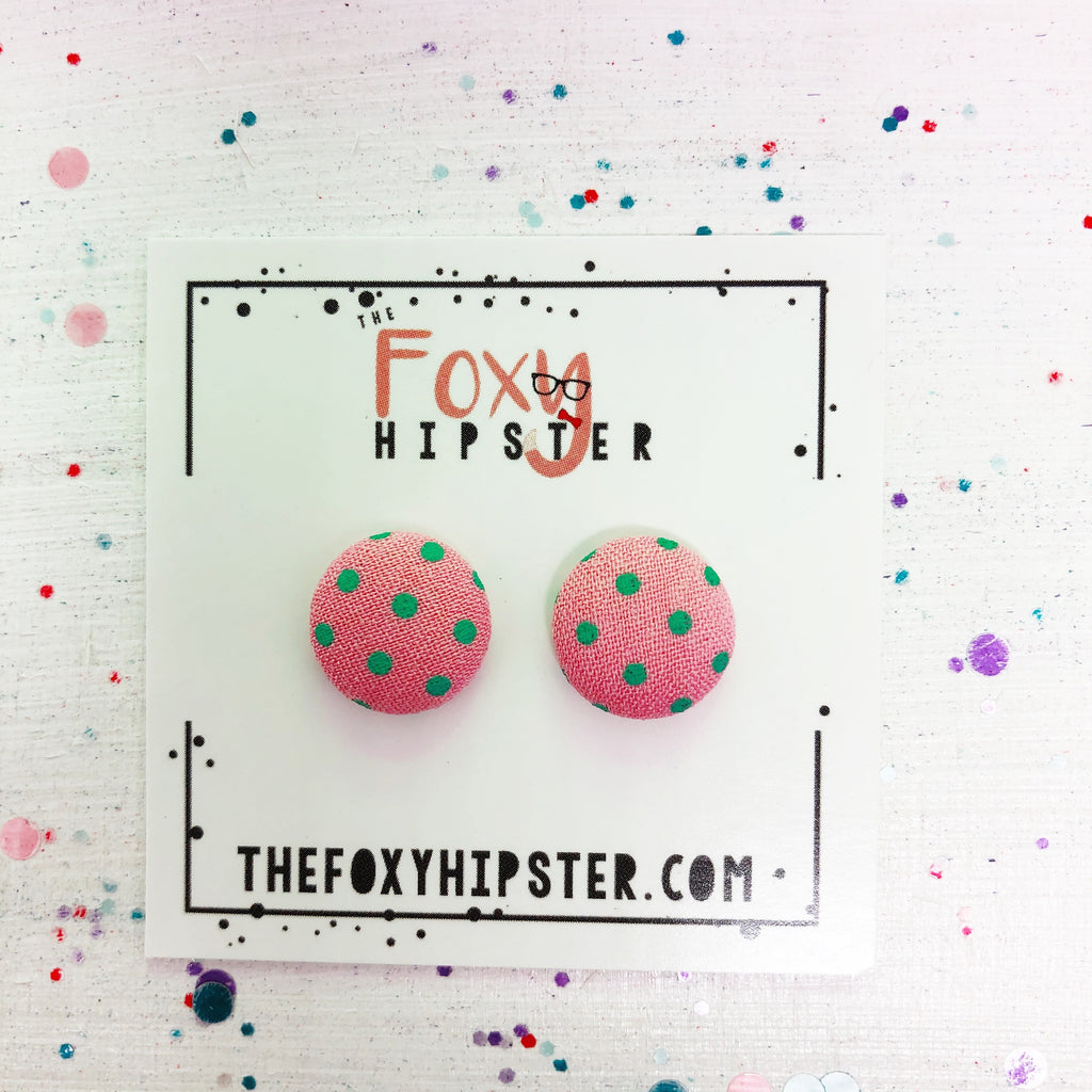 Light Pink with teal polka dots fabric button  Stud Earrings