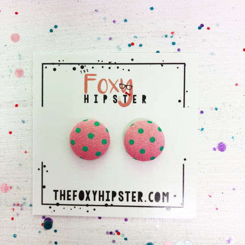 Light Pink with teal polka dots fabric button  Stud Earrings
