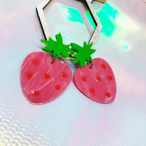 Pink Strawberry Heart Dangle Earrings