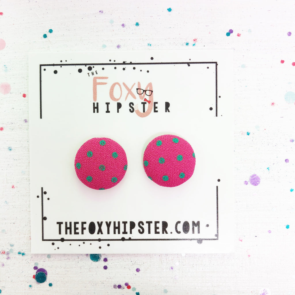 Fuchsia with teal polka dots fabric button  Stud Earrings