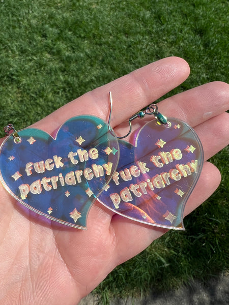 Fuck The Patriarchy Iridescent Fish Hook Dangle Earrings