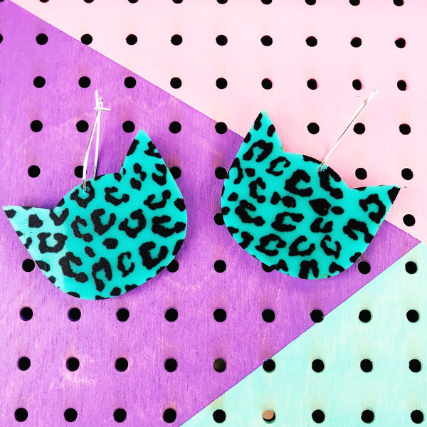 Teal Cat Cheetah Print Dangle Hoop Earrings