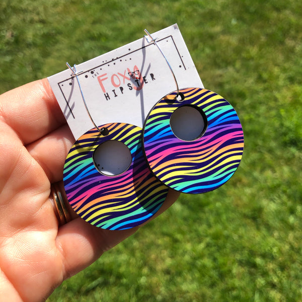Rainbow Nostalgia Zebra Dangle Hoop Earrings