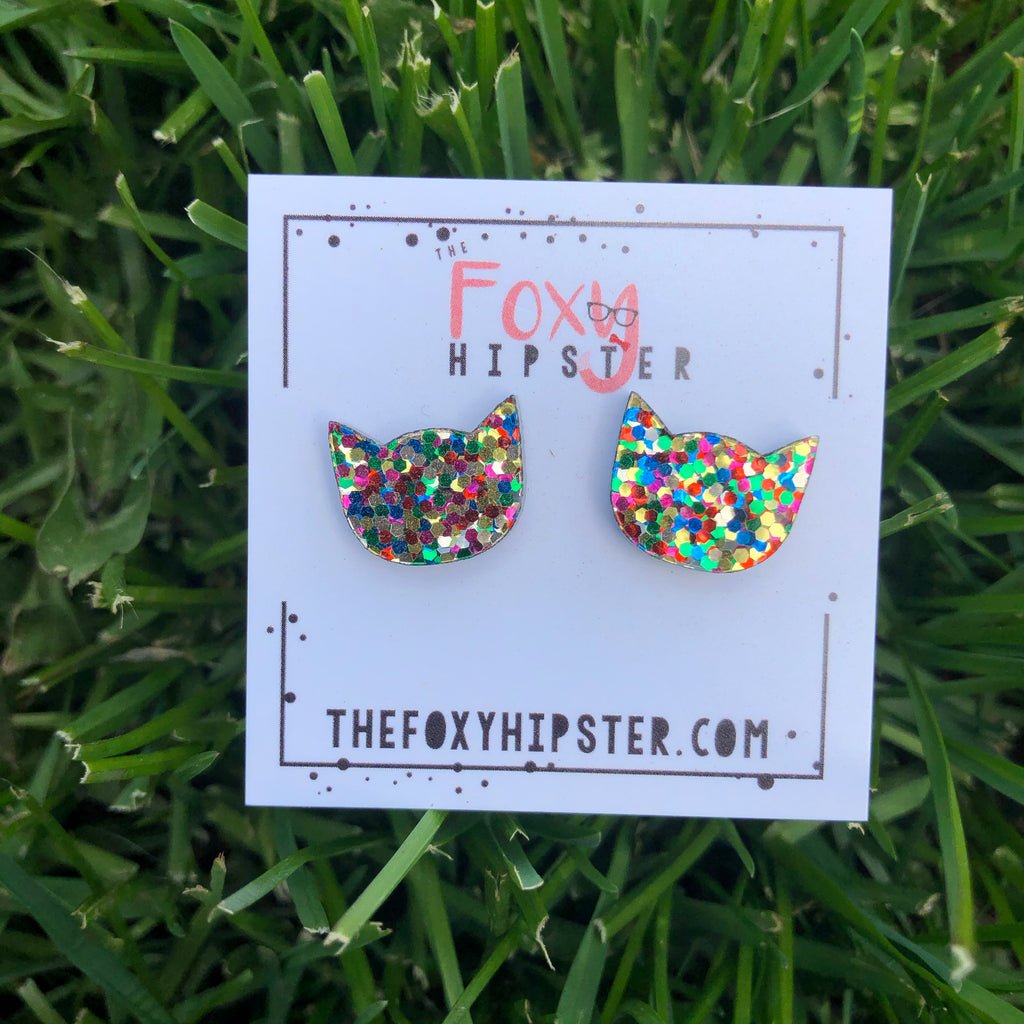 Chunky Glitter Cat Stud Earrings