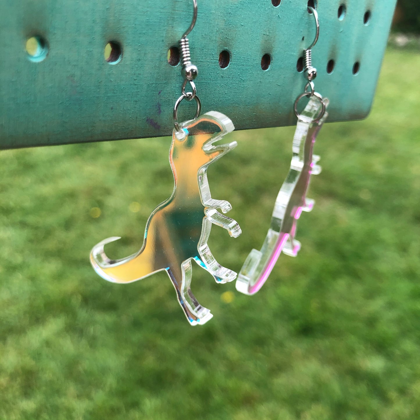 T Rex Dinosaur Iridescent Dangle Earrings