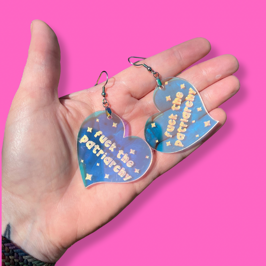 Fuck The Patriarchy Iridescent Fish Hook Dangle Earrings