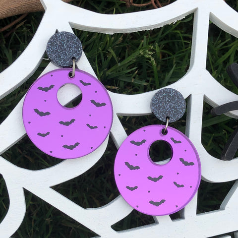 Circle Bat Silhouette Dangle Earrings Purple Mirror