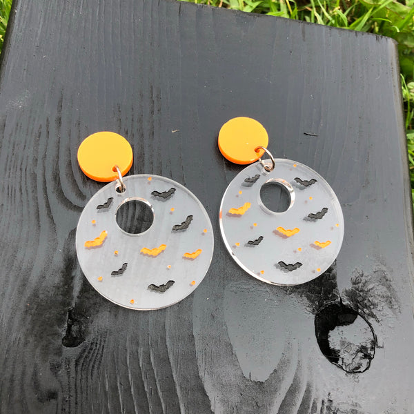 Circle Bat Silhouette Dangle Earrings Clear with Black and Orange