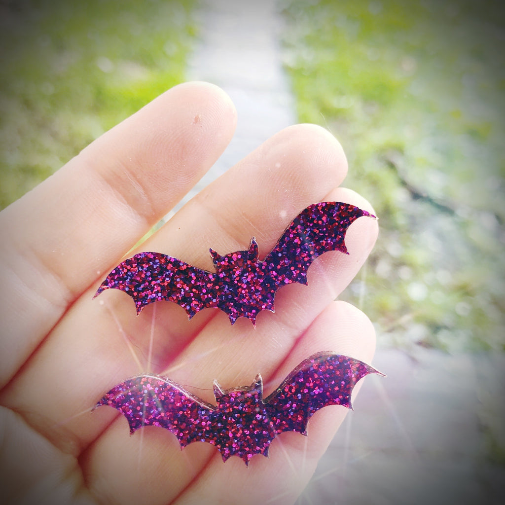 Purple Glitter Bat Stud Earrings