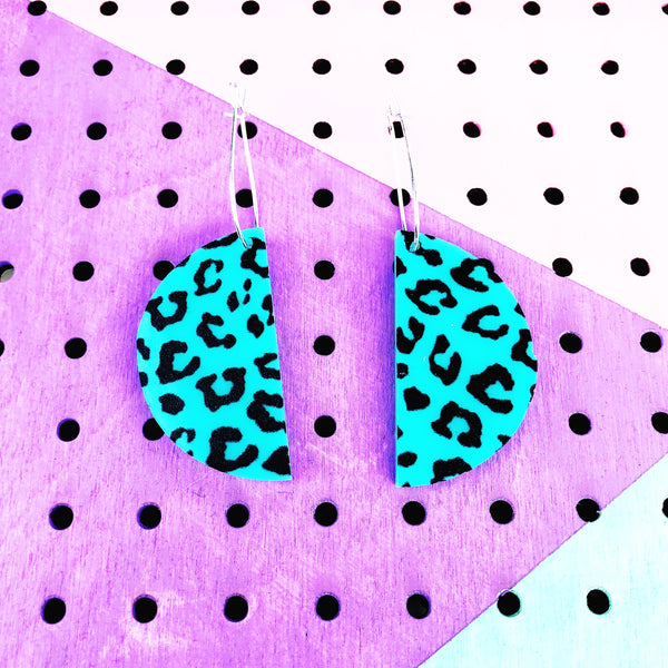 Teal Half Circle Cheetah Print Dangle Stud Earrings