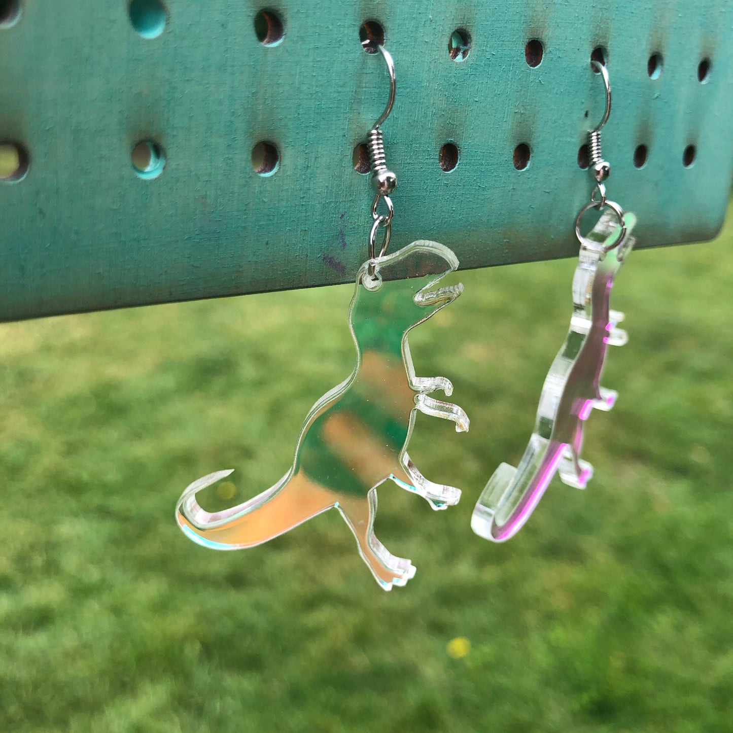 T Rex Dinosaur Iridescent Dangle Earrings