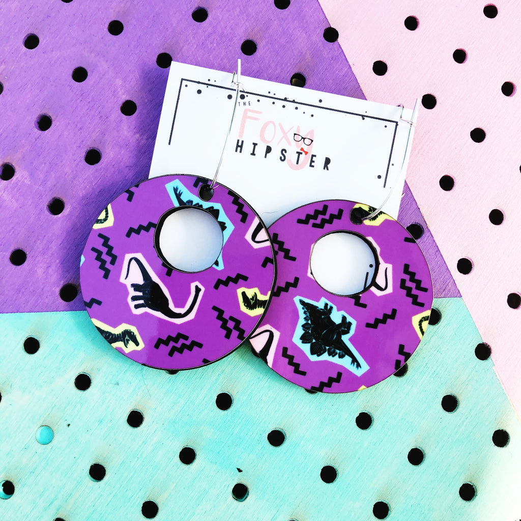 Purple 90s Dinosaur Pattern Dangle Hoop Earrings 80s