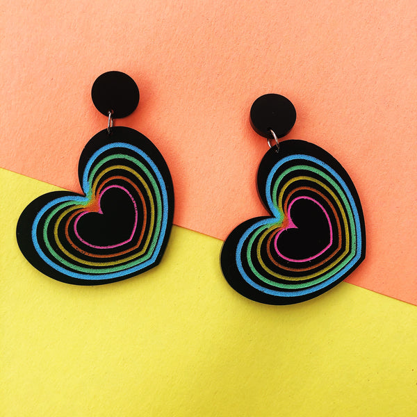 Matte Black and Rainbow Pastel Heart Dangle Drop Earrings