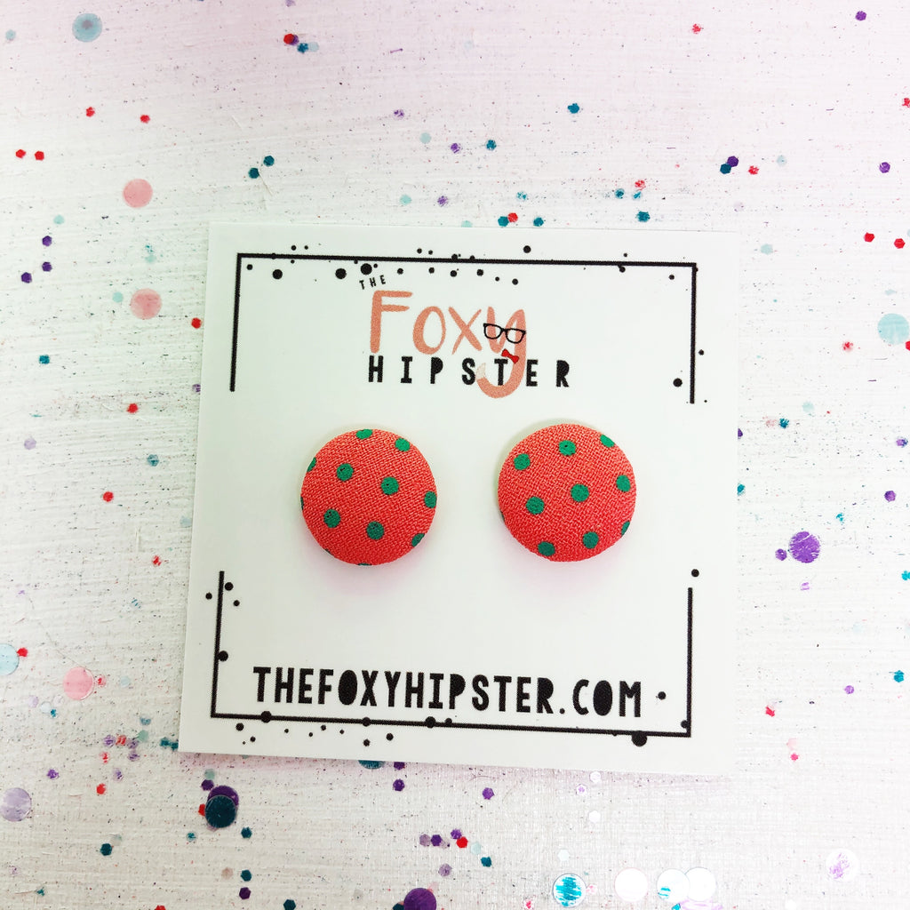 Salmon with teal polka dots fabric button  Stud Earrings